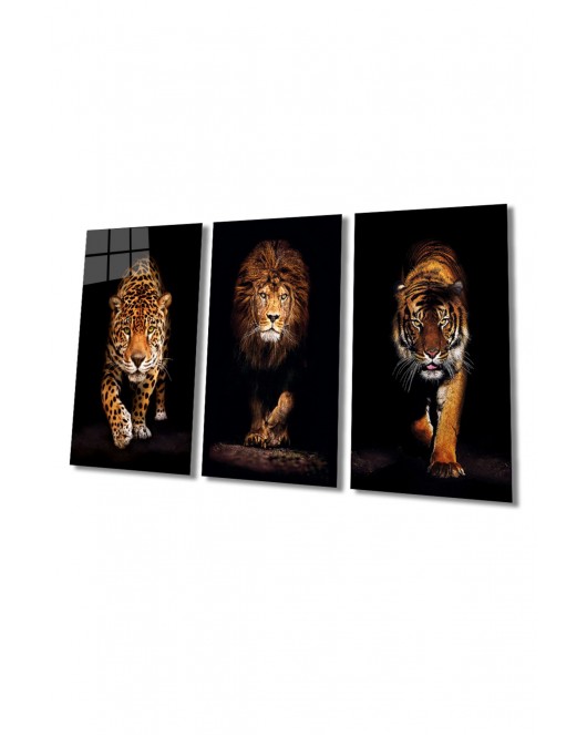 Aslan,kaplan,jaguar 3 Lü Set (TOPLAM ÖLÇÜ 210X110 CM) Cam Tablo