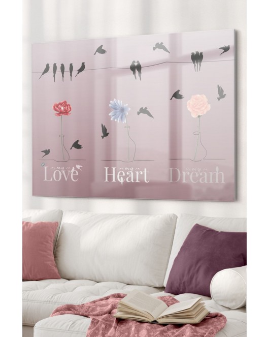 Çiçek Ve Kuşlar Love Heart Dream| Hayvan Temalı Cam Tablo | 50x70 Cm