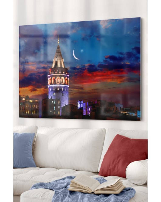 Galata Kulesi Ve Hilal | Şehir Temalı Cam Tablo | 50x70 Cm