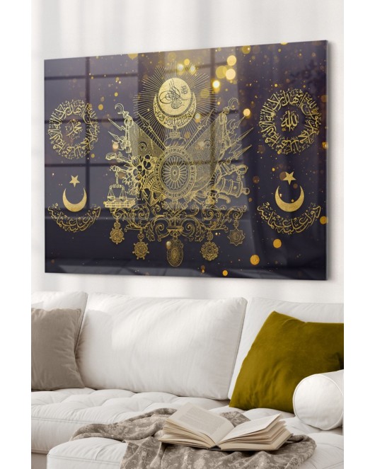 Gold Detaylı Osmanlı Tuğrası Allah Muhammed | Osmanlı Temalı Cam Tablo | 50x70 Cm