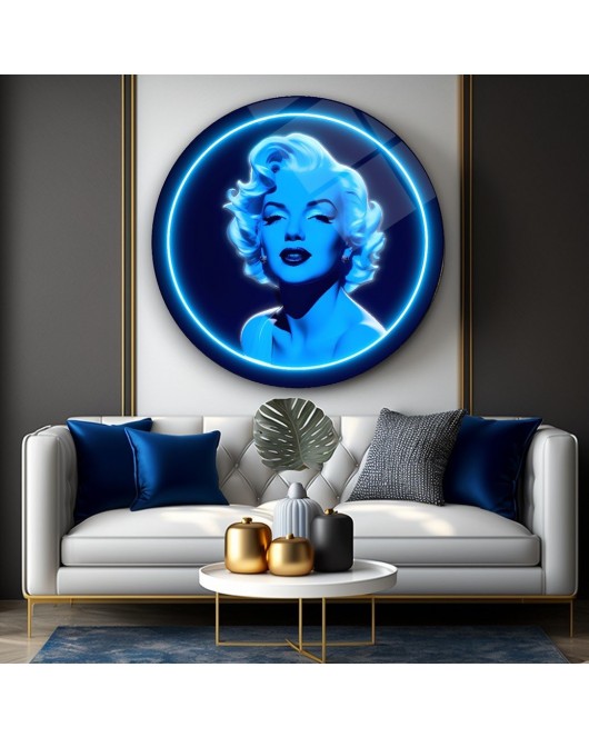 Marilyn Monroe Mavi Neon yuvarlak Cam Tablo