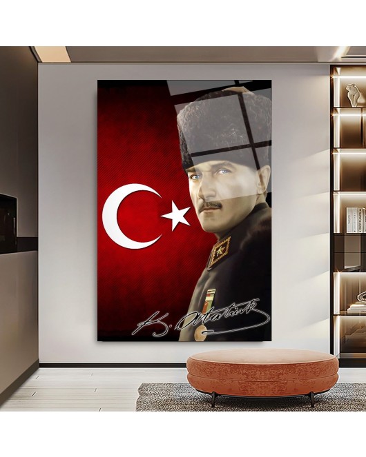 Türk Bayrağı Atatürk Cam Tablo