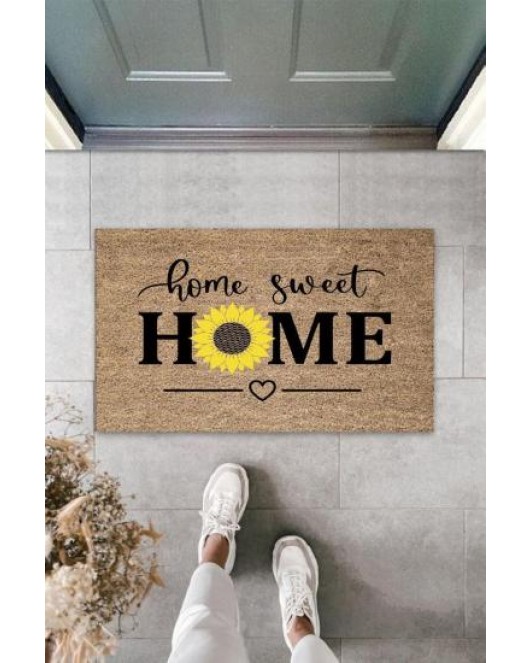 Bej Kapı Önü Paspası Home Sweet Home Papatyalı Desen K-3342