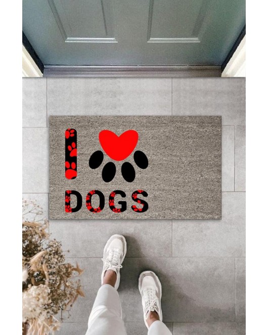 Dijital Baskı Gri Kırmızı Kalpli Patili I Love Dogs Dekoratif Kapı Paspası K-2076