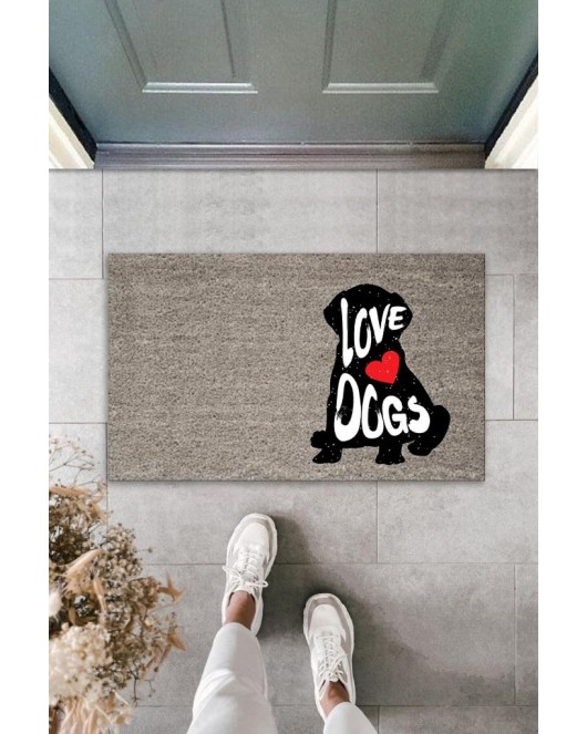 Dijital Baskı Gri Love Dogs Köpekli Dekoratif Kapı Paspası K-2071