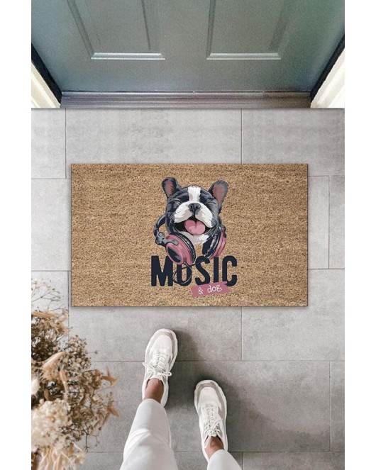 Dijital Baskı Kahverengi Music Yazılı Kulaklıklı Köpek Dekoratif Kapı Paspası K-2042