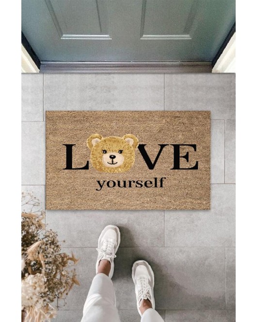 Kahverengi Kapı Önü Paspası Love Yourself Ayıcık Desen K-3329