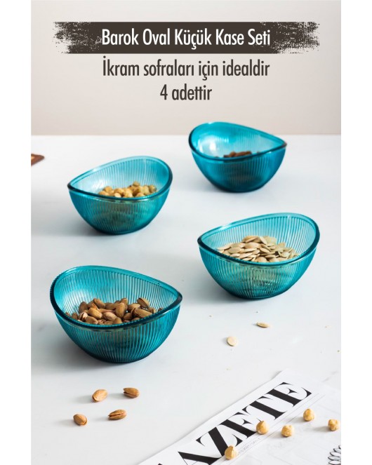 Akrilik Barok Aquamarin Oval 4'lü Küçük Kase Seti & Çerezlik & Sunumluk & İkramlık (Cam Değildir)