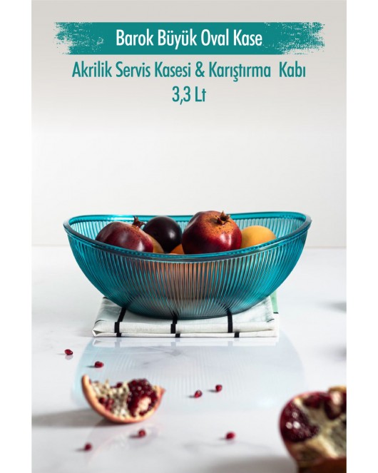 Akrilik Barok Aquamarin Büyük Oval Meyve & Salata Kasesi & Karıştırma Kabı / 3,3 Lt (CAM DEĞİLDİR)