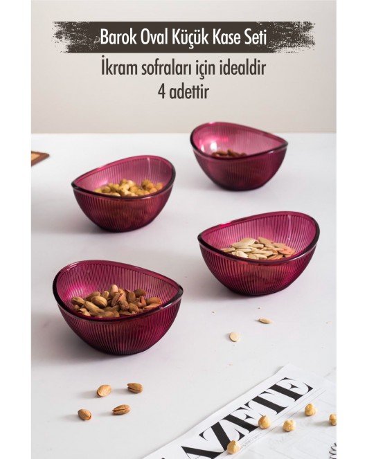 Akrilik Barok Mürdüm Oval 4'lü Küçük Kase Seti & Çerezlik & Sunumluk & İkramlık(Cam Değildir)