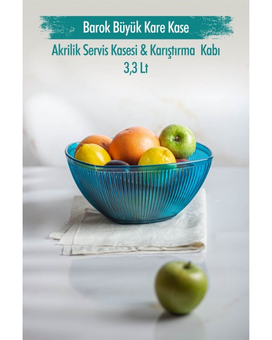 Akrilik Barok Aquamarin Büyük Kare Meyve & Salata Kasesi & Karıştırma Kabı / 3,3 Lt (CAM DEĞİLDİR)