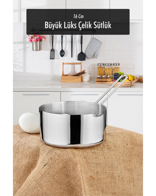 16 Cm Büyük Boy Lüx Paslanmaz Çelik Sütlük & Sosluk & Kaçerola