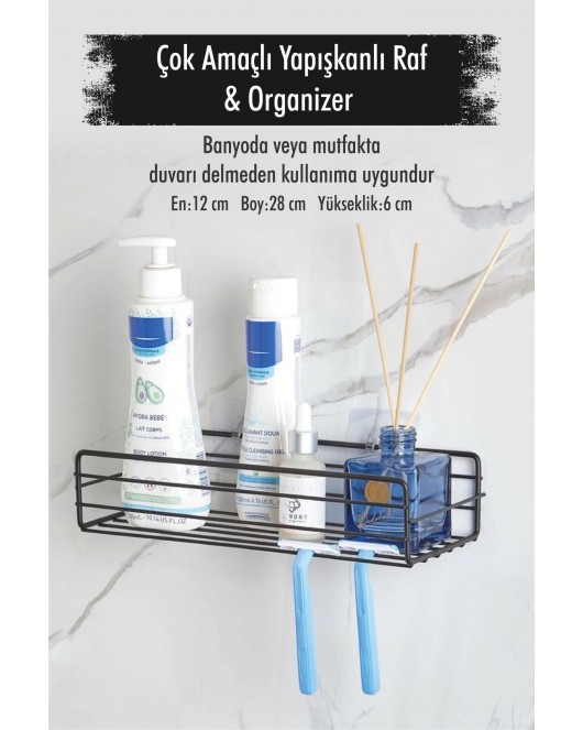 Paslanmaz Çelik Yapışkanlı Siyah Duvar Rafı & Organizer & Banyo Duş Askısı