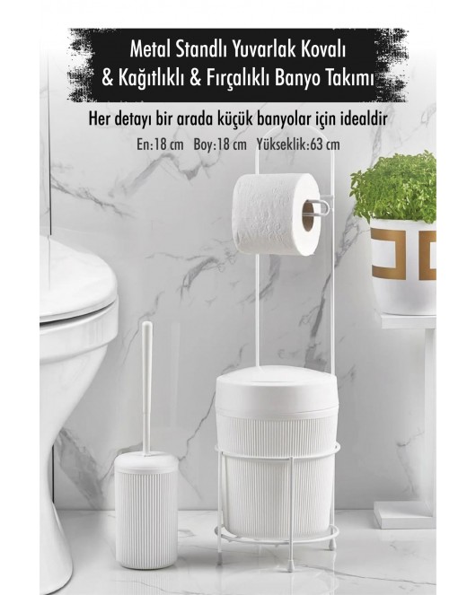 Metal Standlı Yuvarlak Kovalı & Kağıtlıklı & Fırçalıklı Beyaz Banyo Takımı