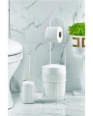 Metal Standlı Yuvarlak Kovalı & Kağıtlıklı & Fırçalıklı Beyaz Banyo Takımı