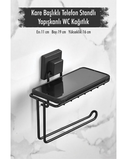 Kare Başlıklı Telefon Standlı Yapışkanlı Siyah WC Kağıtlık