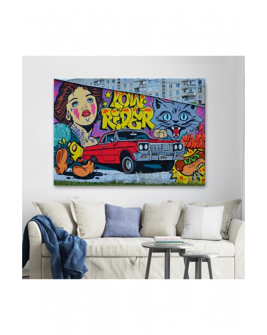 Grafiti İle Yapilmiş Retro Kırmızı Araba Kanvas Tablo-5027