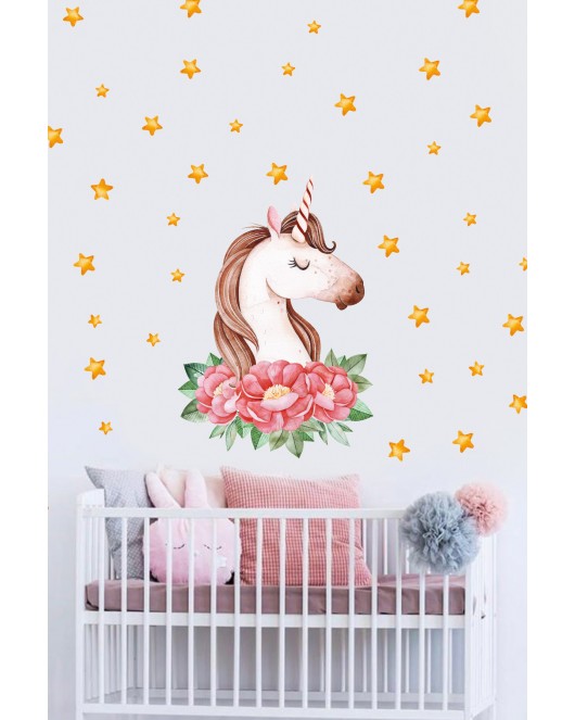 Çiçekli Unicorn Duvar Sticker