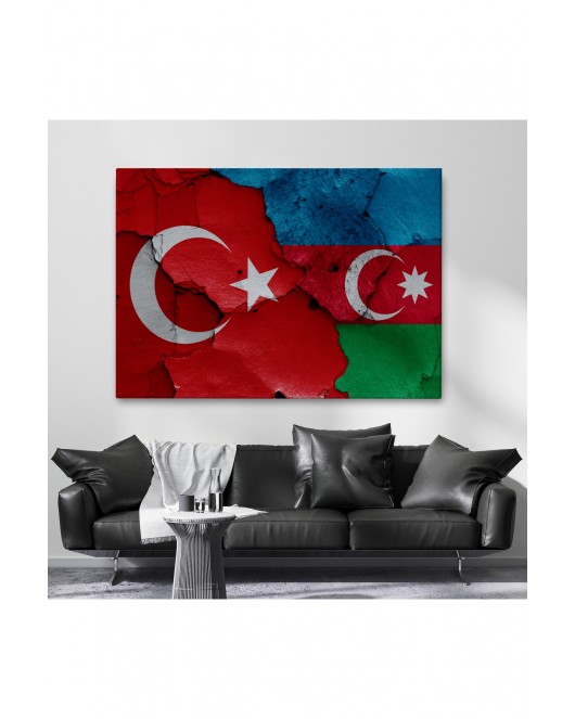 Türkiye Azerbaycan Bayrak Desenli Dekoratif Kanvas Tablo-6516