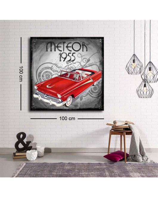 Dekoratif Baskı illüstrasyon Retro Red Car 1955 2 Kare Kanvas Tablo