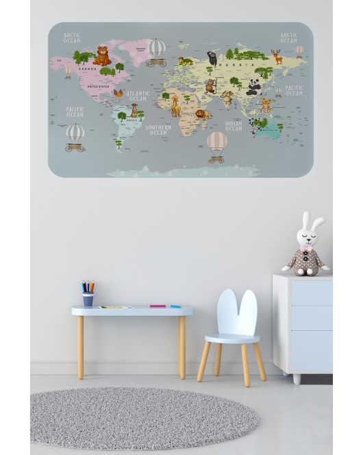 Eğitici Dünya Haritası Dünya Atlası Çocuk ve Bebek Odası Duvar Sticker -60x105-3816