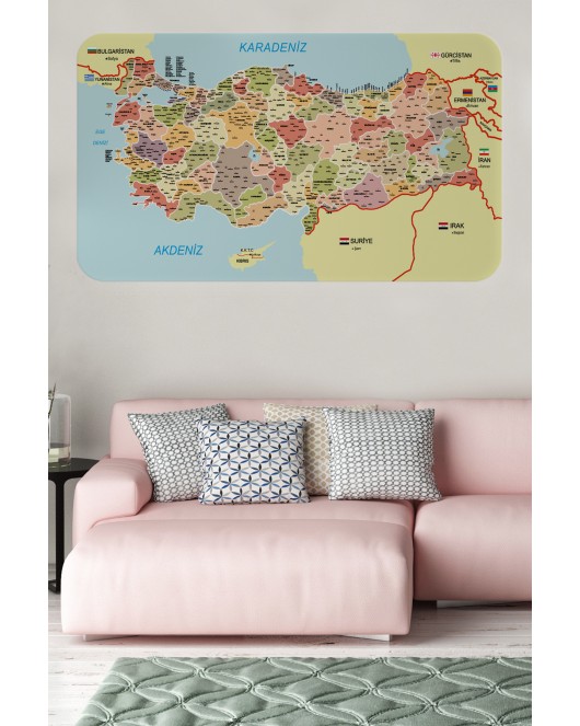 Eğitici ve Öğretici Detaylı Komşulu Türkiye Haritası Duvar Sticker-60x105-3846