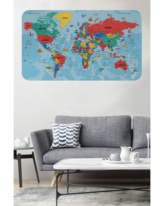 Türkçe Eğitici Ülke ve Başkent Okyanus Detaylı Atlası Dünya Haritası Duvar Sticker -60x105-3863