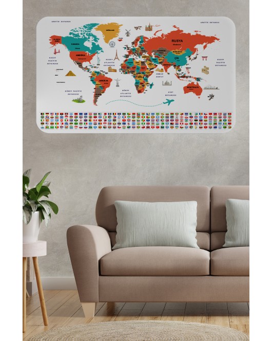 Türkçe Ülke Bayrak lı Eğitici Başkent Detaylı Atlası Dünya Haritası Duvar Sticker -60x105-3858