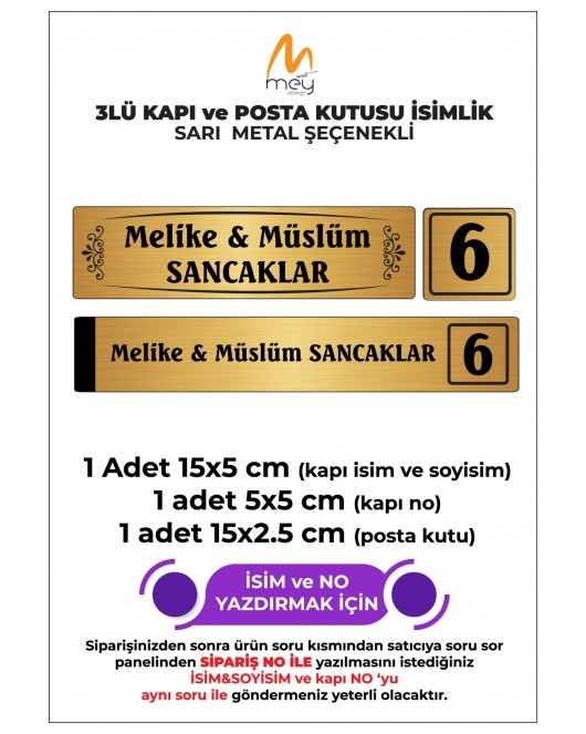 ALTIN METAL KAPI İSİMLİĞİ SETİ 3'LÜ - KAPI İSİMLİĞİ, KAPI NUMARASI, POSTA KUTUSU İSİMLİĞİ