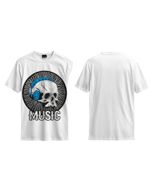 Music Yazılı Mavi Kulaklıklı Kurukafa Tasarım Baskılı Oversize Tshirt